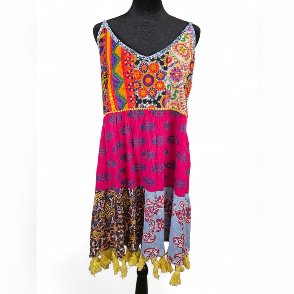 Anandas Collection Boho Patchwork Tassel Hem Dress XL Multicolor Festival Style